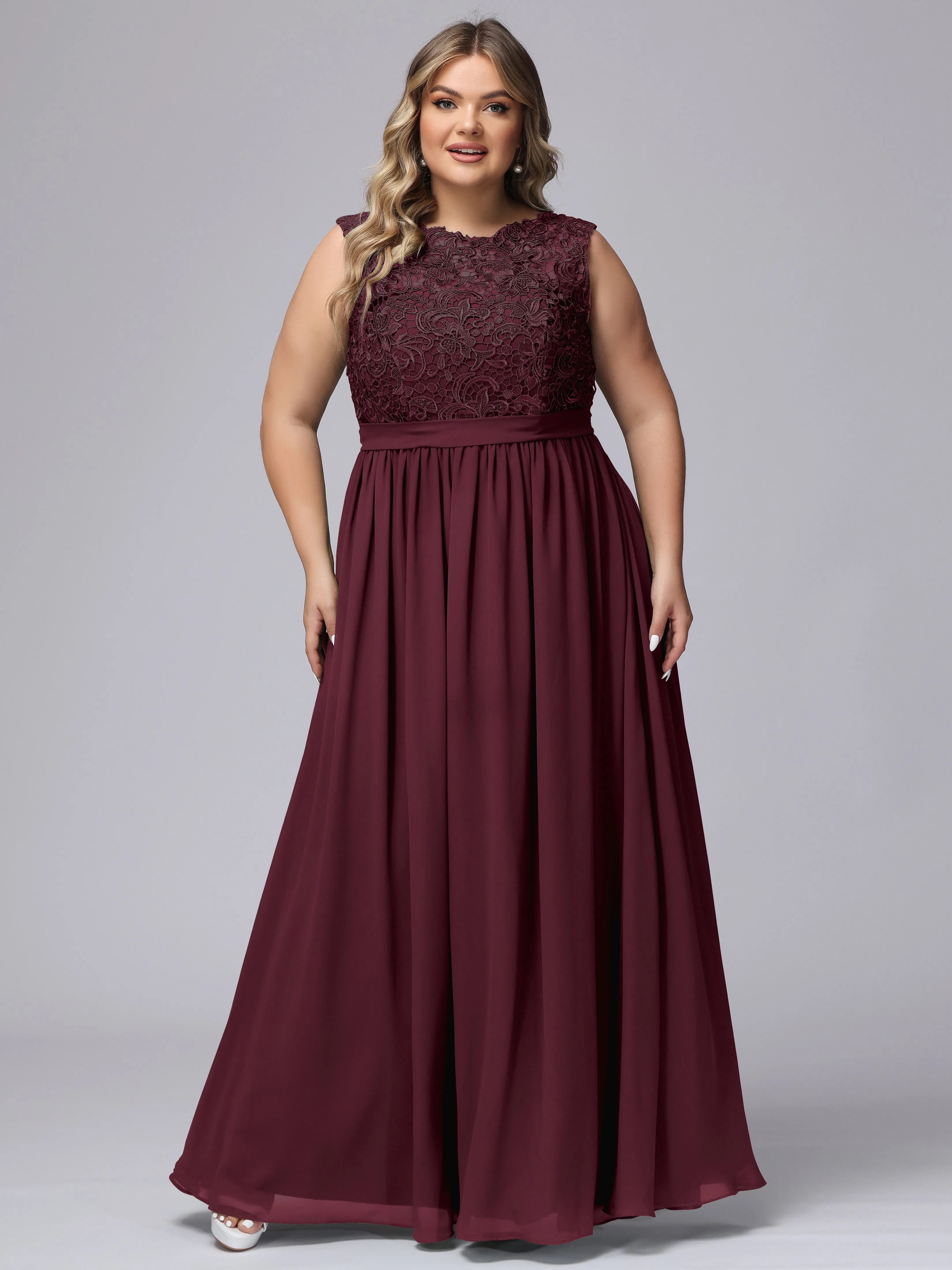 A-Line Sleeveless Lace Top Chiffon Plus Size Bridesmaid Dresses