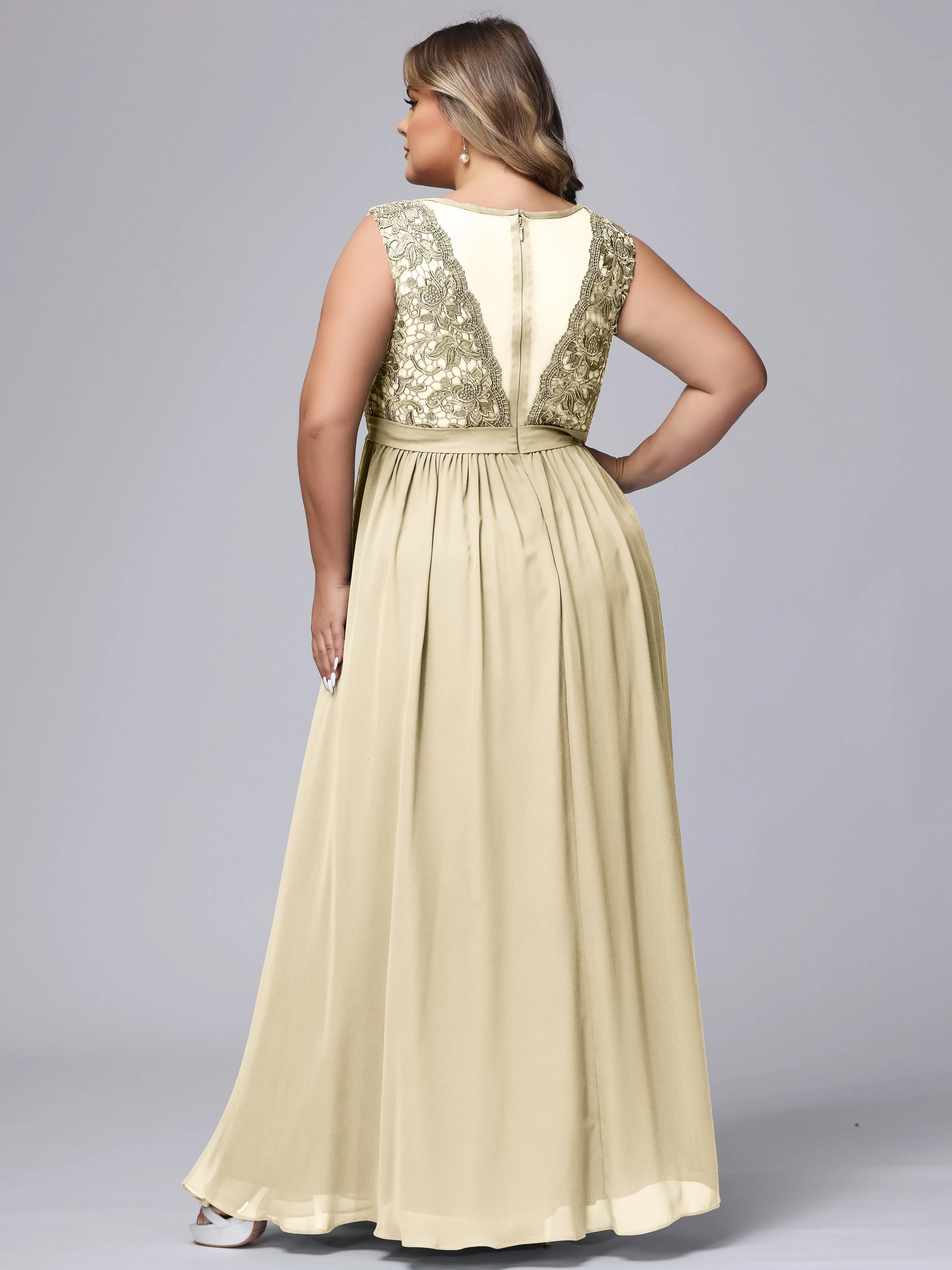 A-Line Sleeveless Lace Top Chiffon Plus Size Bridesmaid Dresses