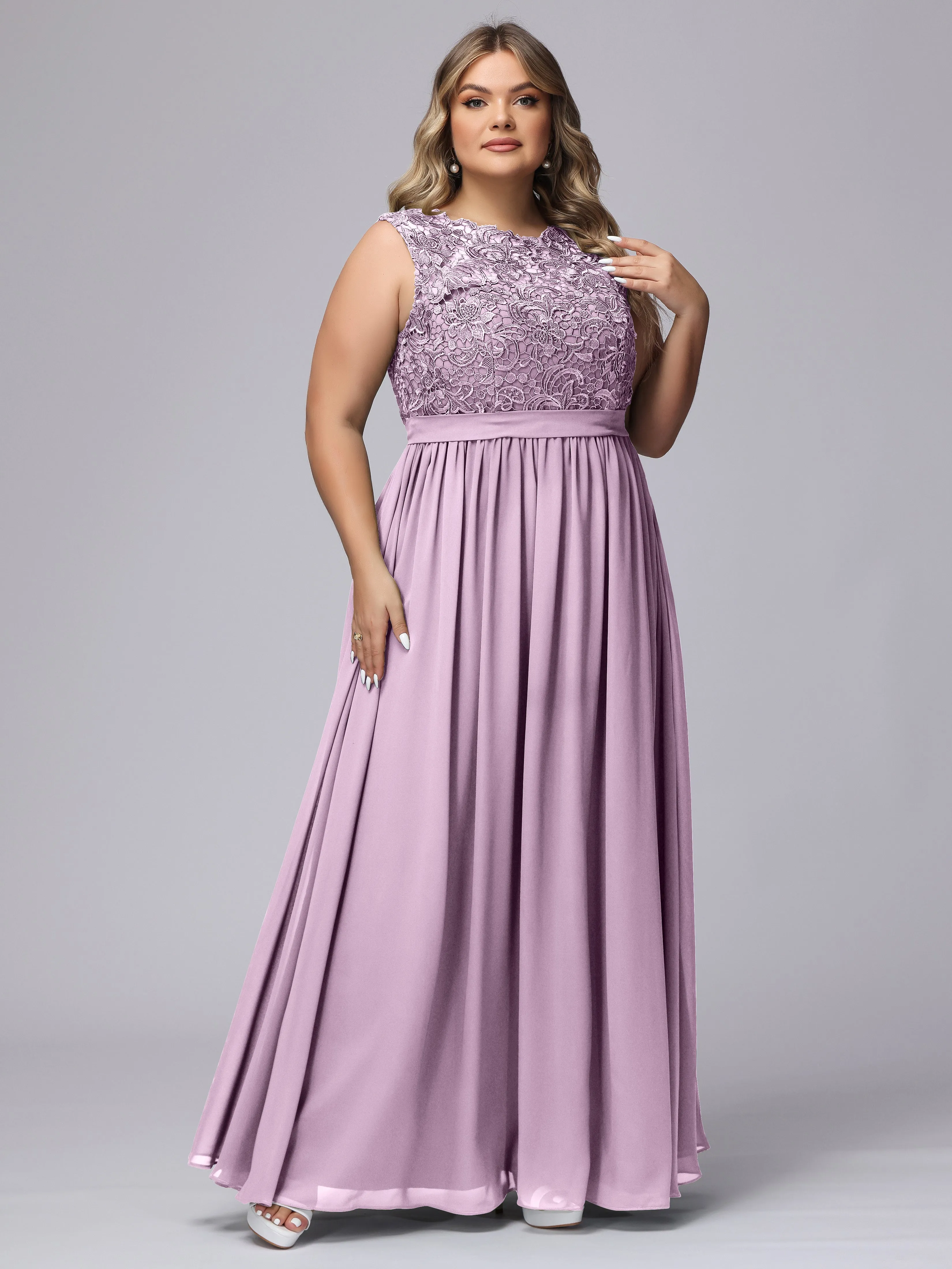 A-Line Sleeveless Lace Top Chiffon Plus Size Bridesmaid Dresses