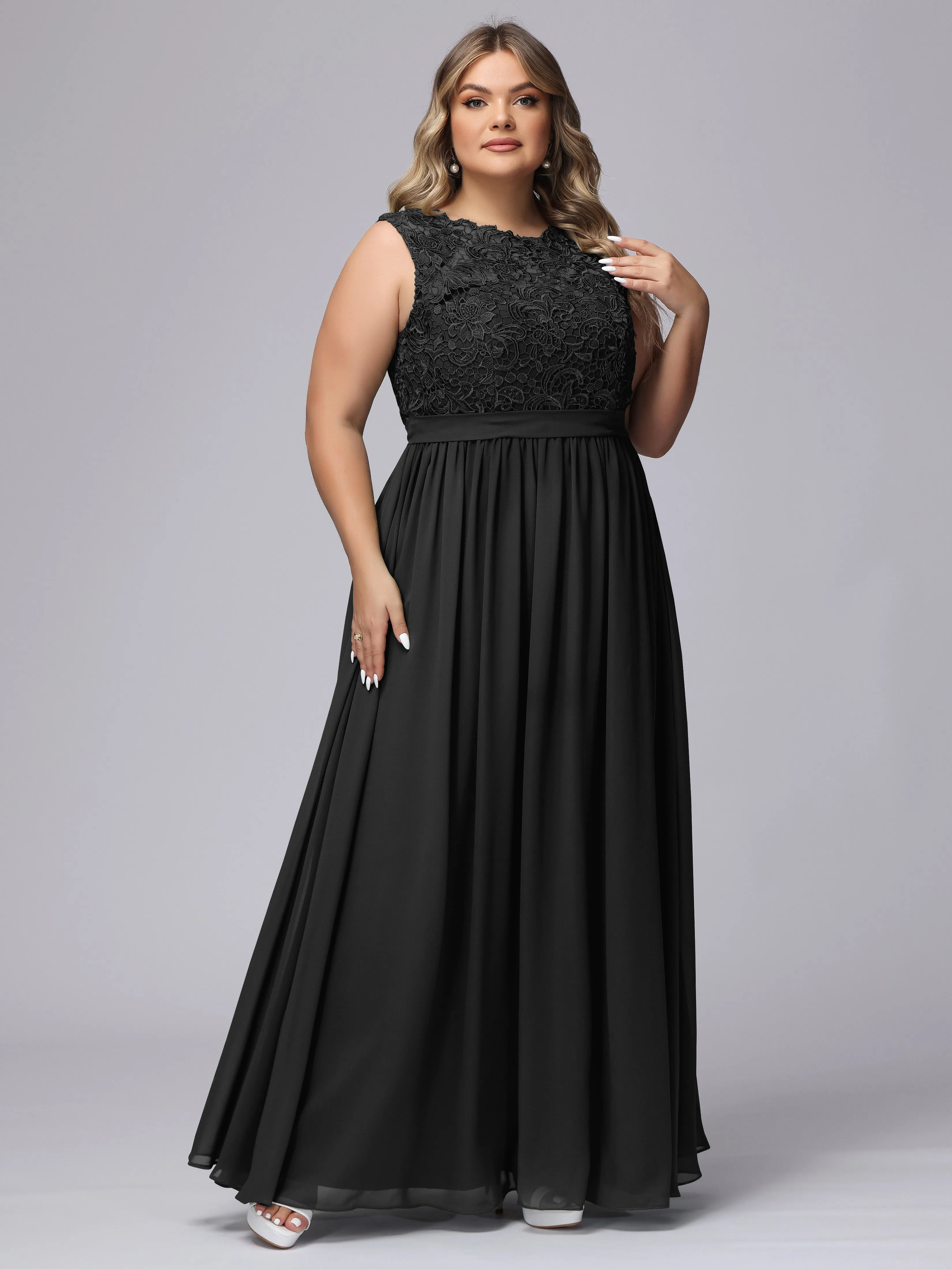 A-Line Sleeveless Lace Top Chiffon Plus Size Bridesmaid Dresses