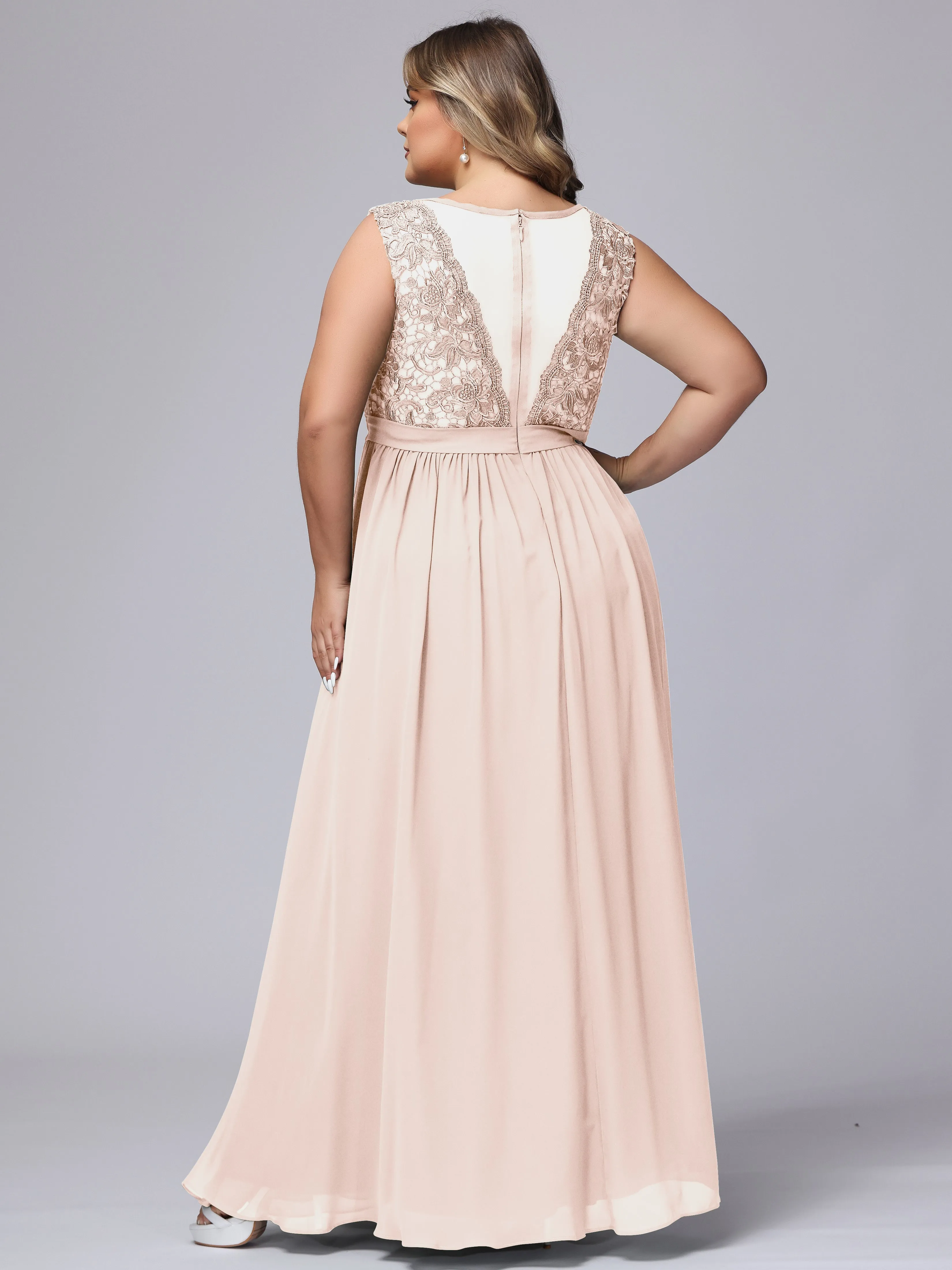 A-Line Sleeveless Lace Top Chiffon Plus Size Bridesmaid Dresses