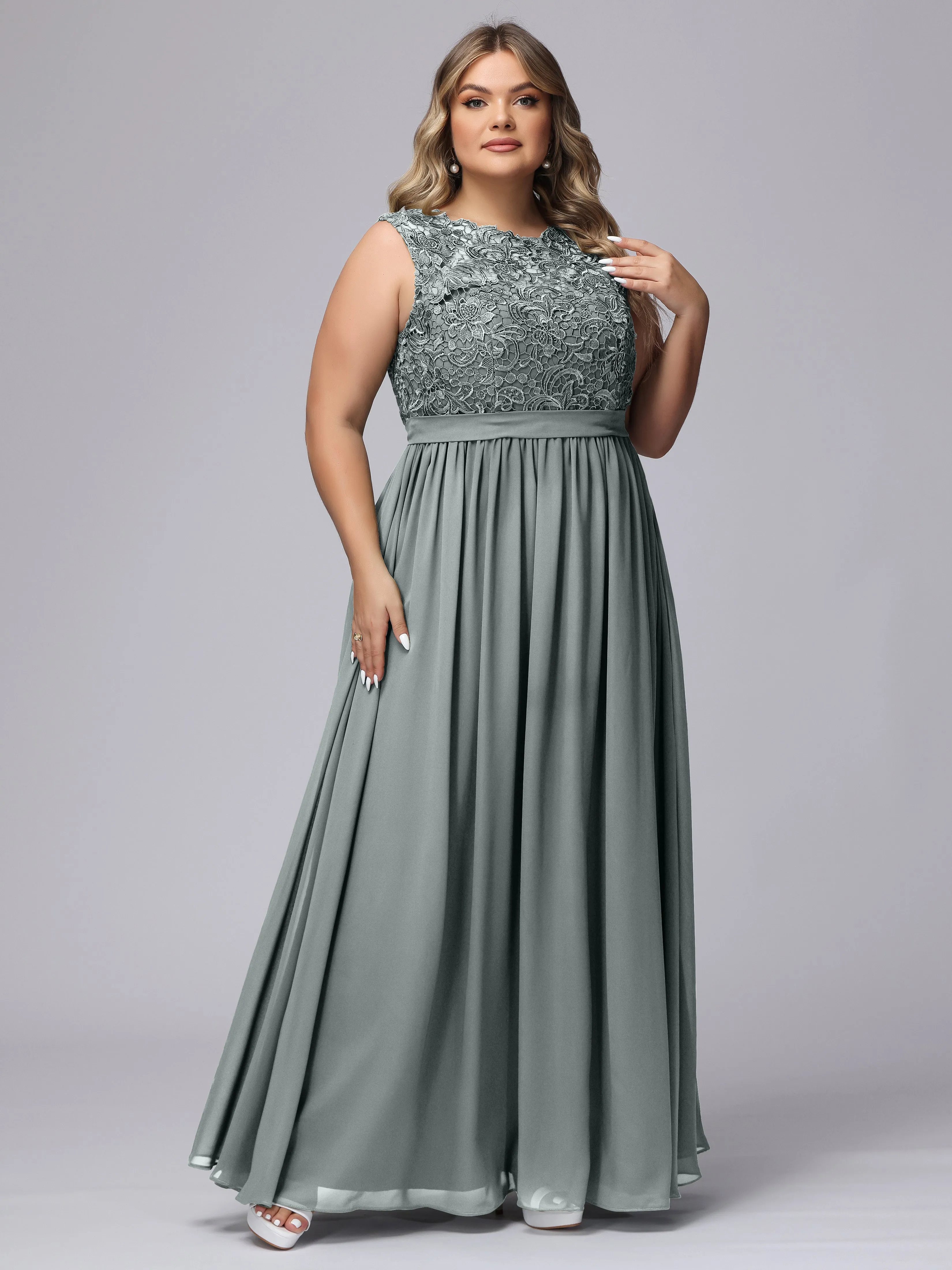 A-Line Sleeveless Lace Top Chiffon Plus Size Bridesmaid Dresses