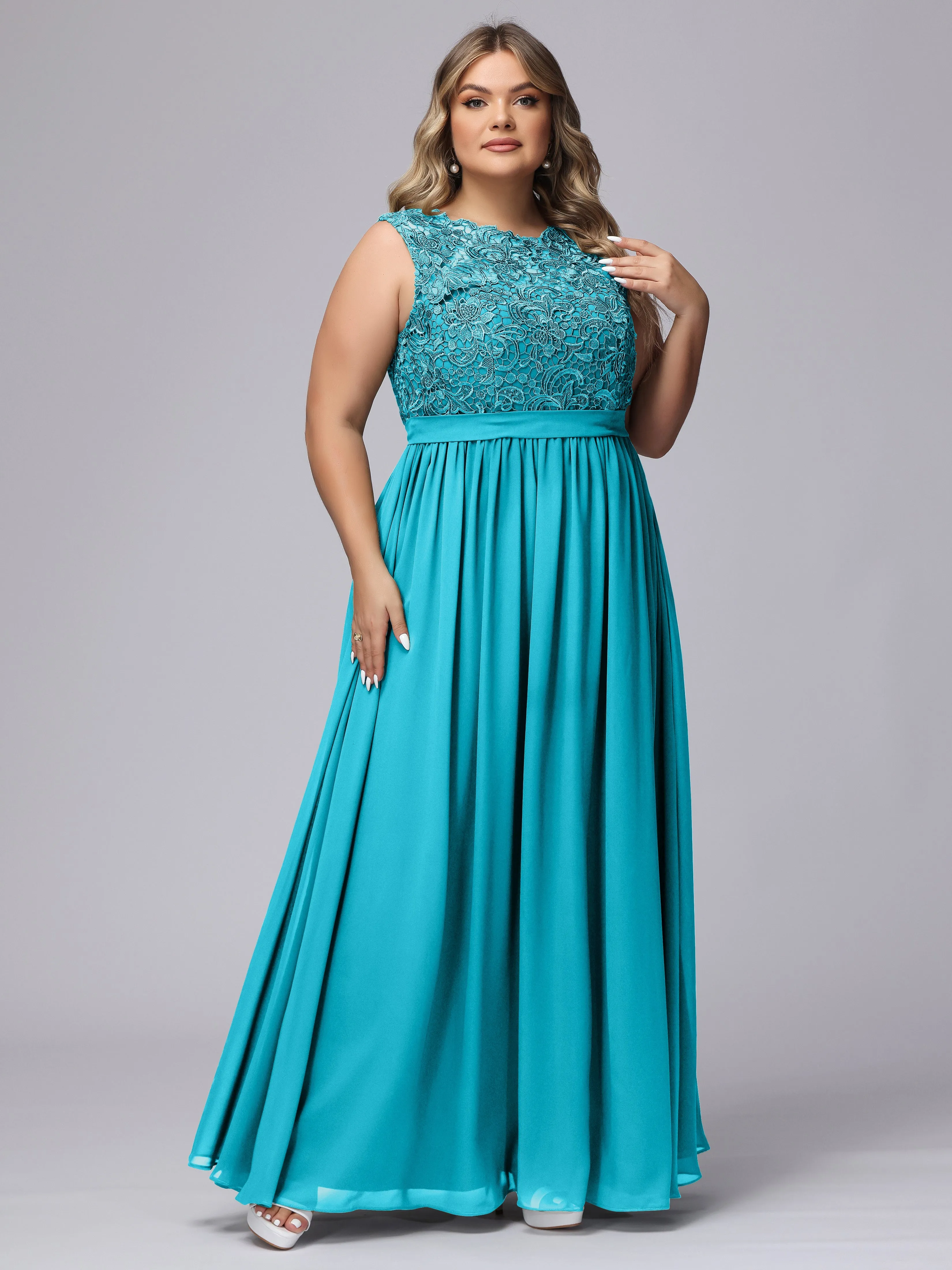 A-Line Sleeveless Lace Top Chiffon Plus Size Bridesmaid Dresses