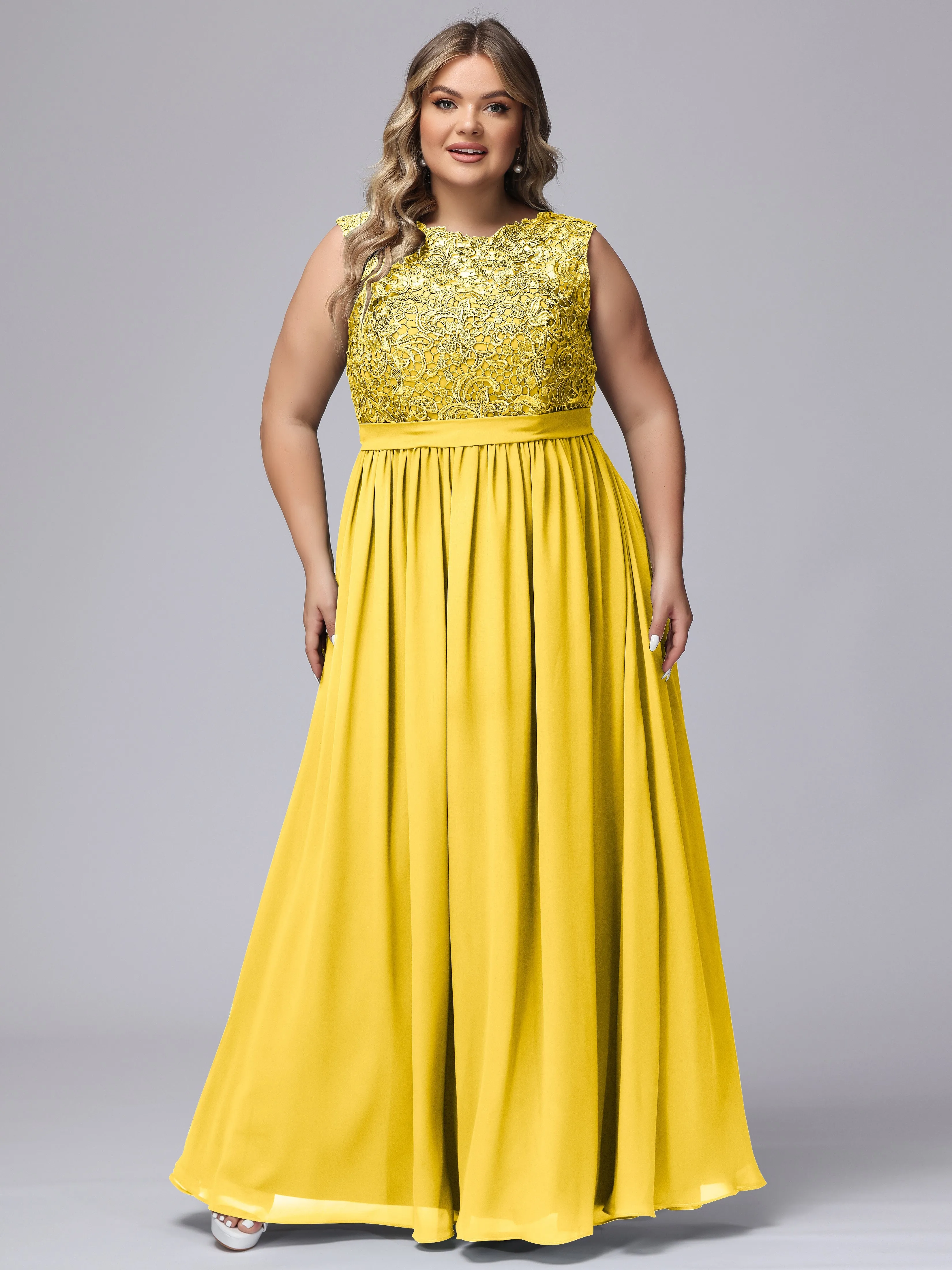 A-Line Sleeveless Lace Top Chiffon Plus Size Bridesmaid Dresses