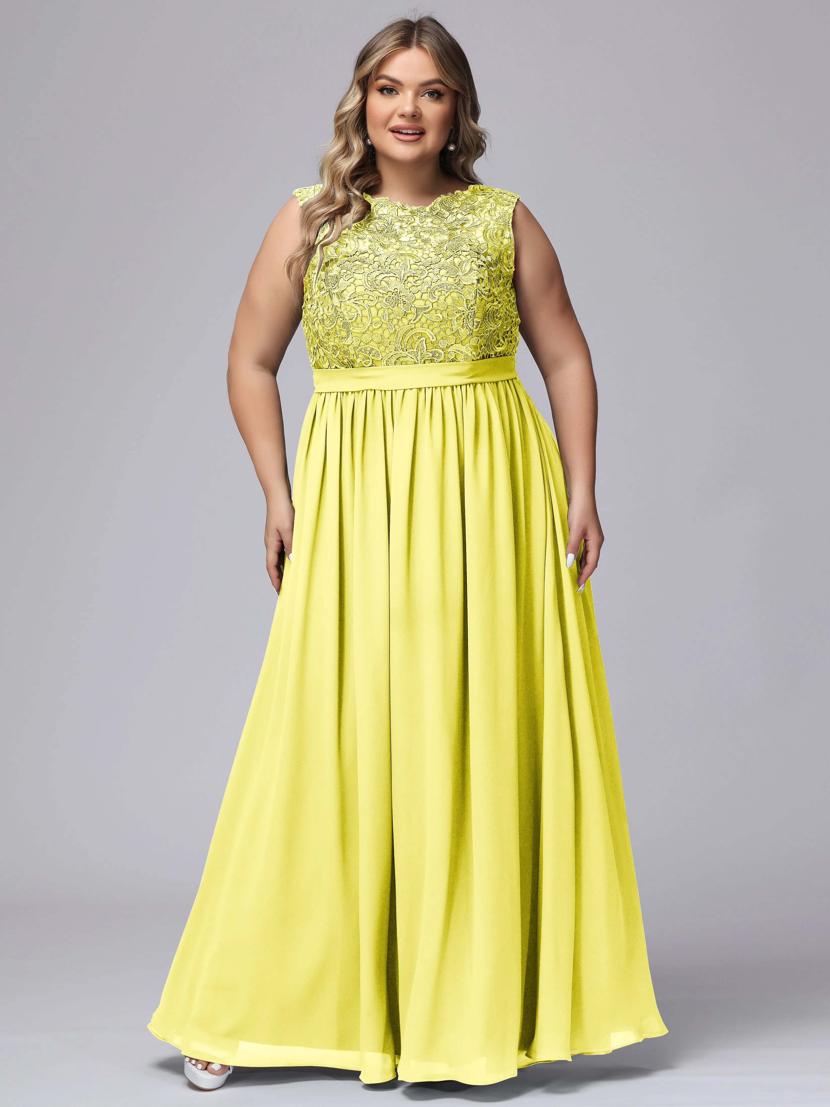 A-Line Sleeveless Lace Top Chiffon Plus Size Bridesmaid Dresses
