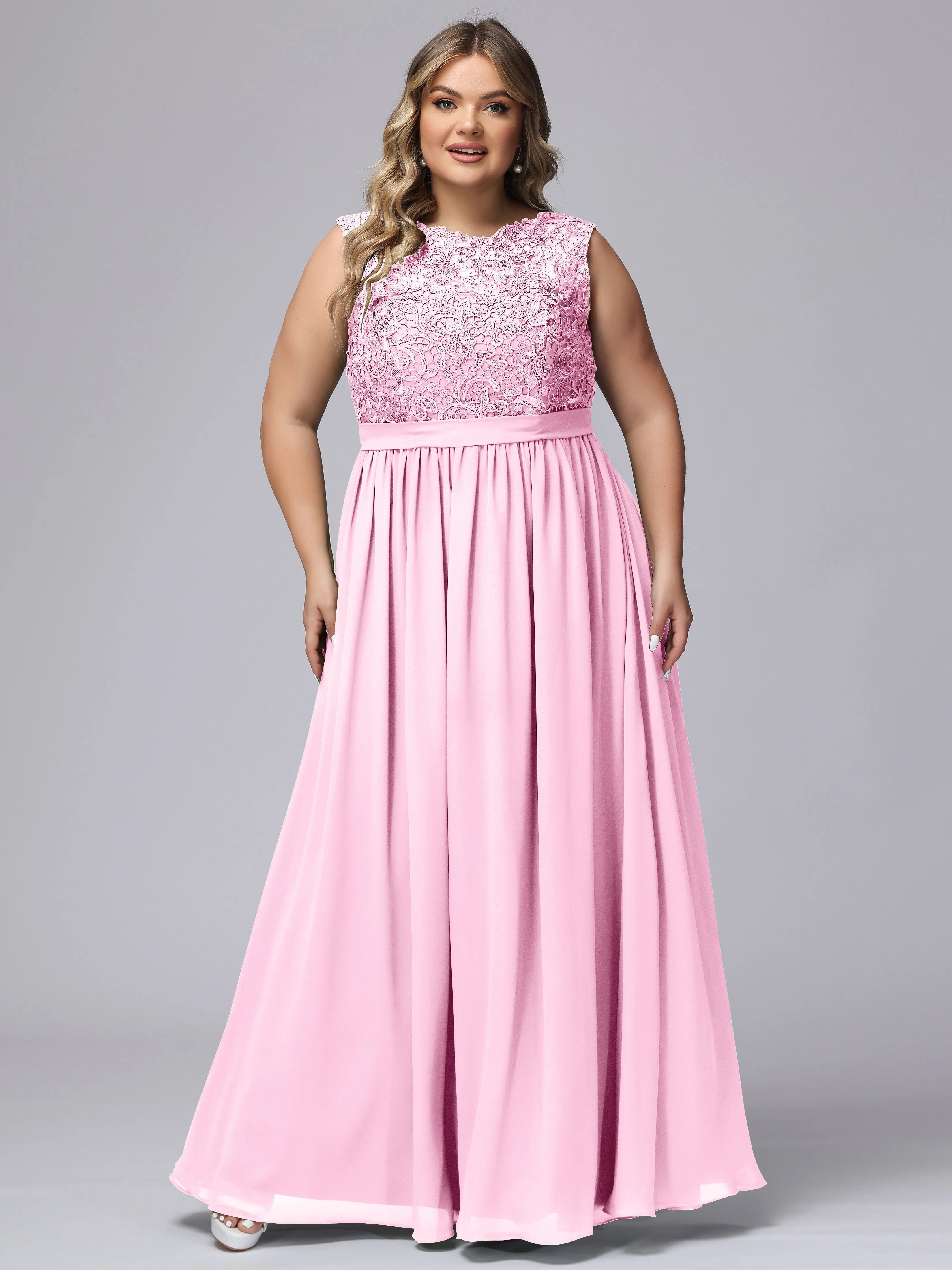 A-Line Sleeveless Lace Top Chiffon Plus Size Bridesmaid Dresses