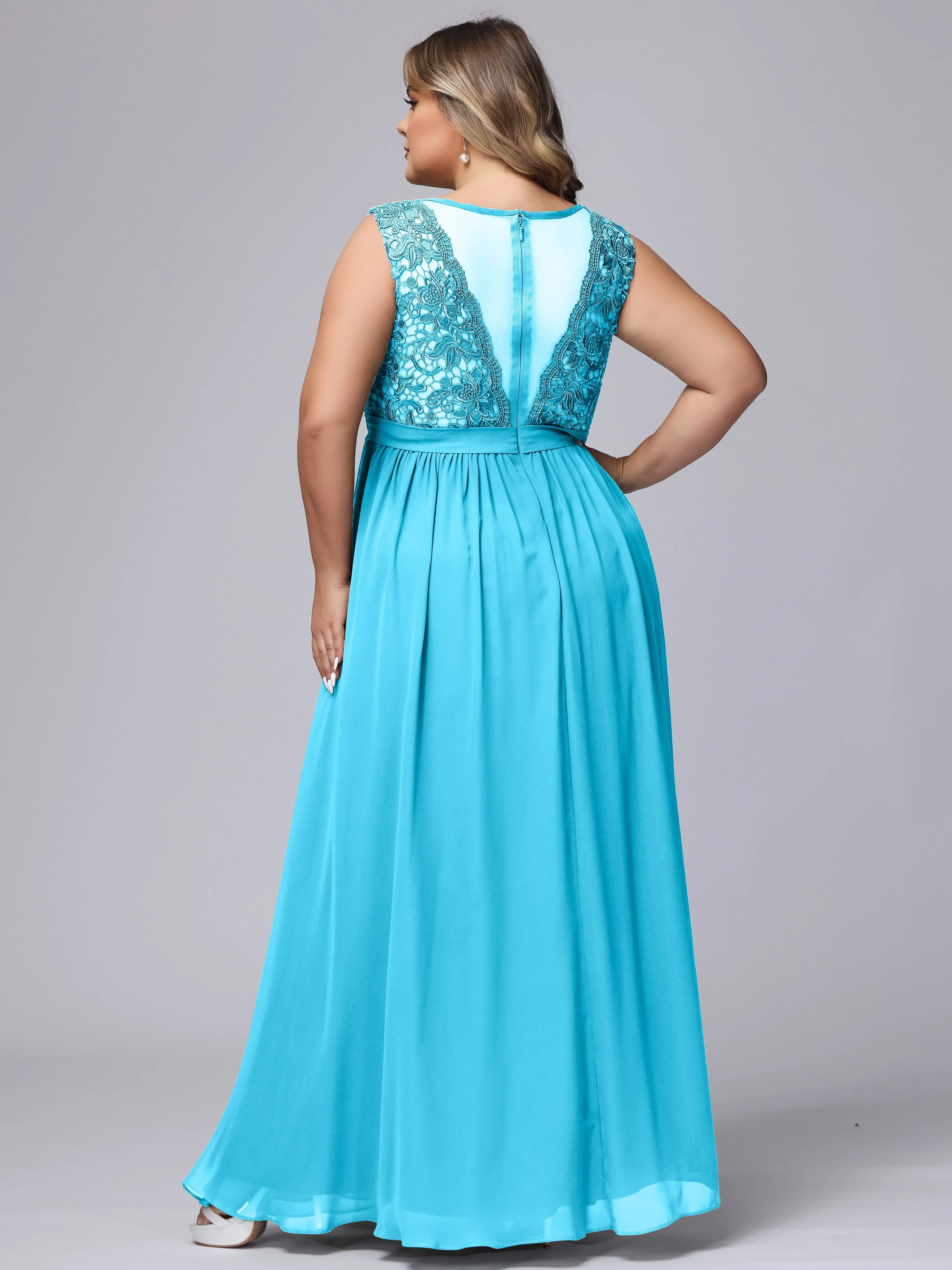 A-Line Sleeveless Lace Top Chiffon Plus Size Bridesmaid Dresses