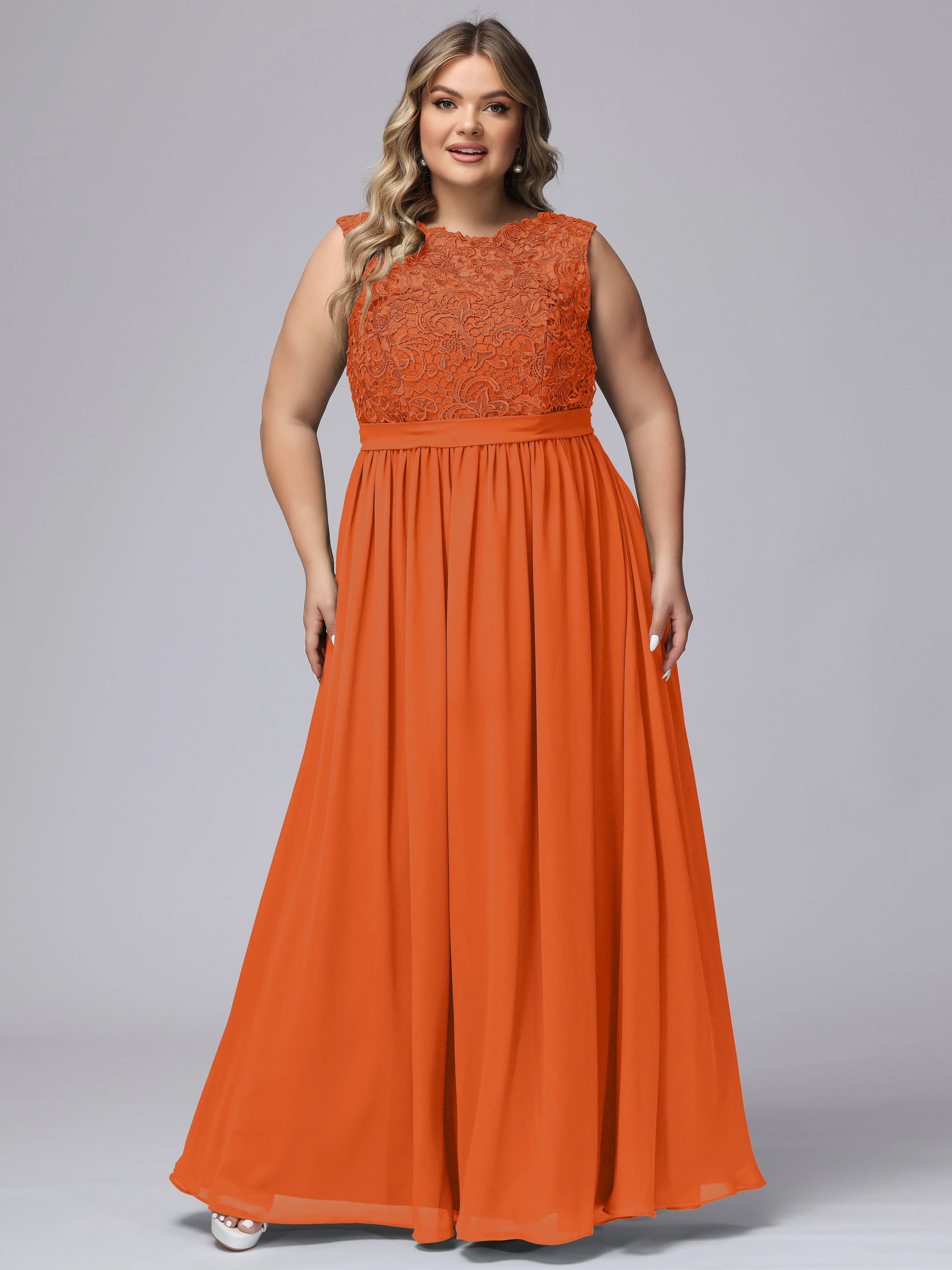 A-Line Sleeveless Lace Top Chiffon Plus Size Bridesmaid Dresses