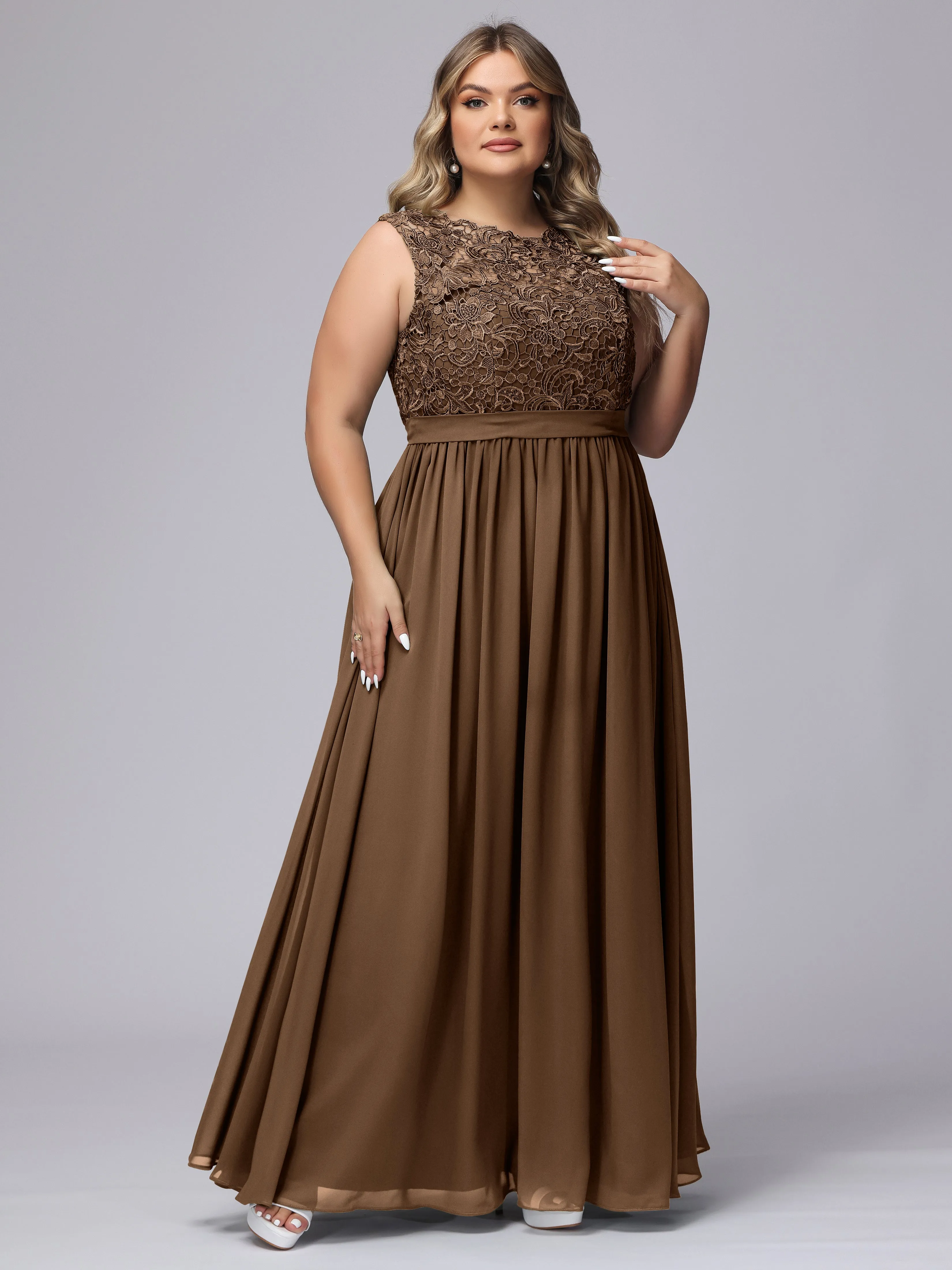 A-Line Sleeveless Lace Top Chiffon Plus Size Bridesmaid Dresses