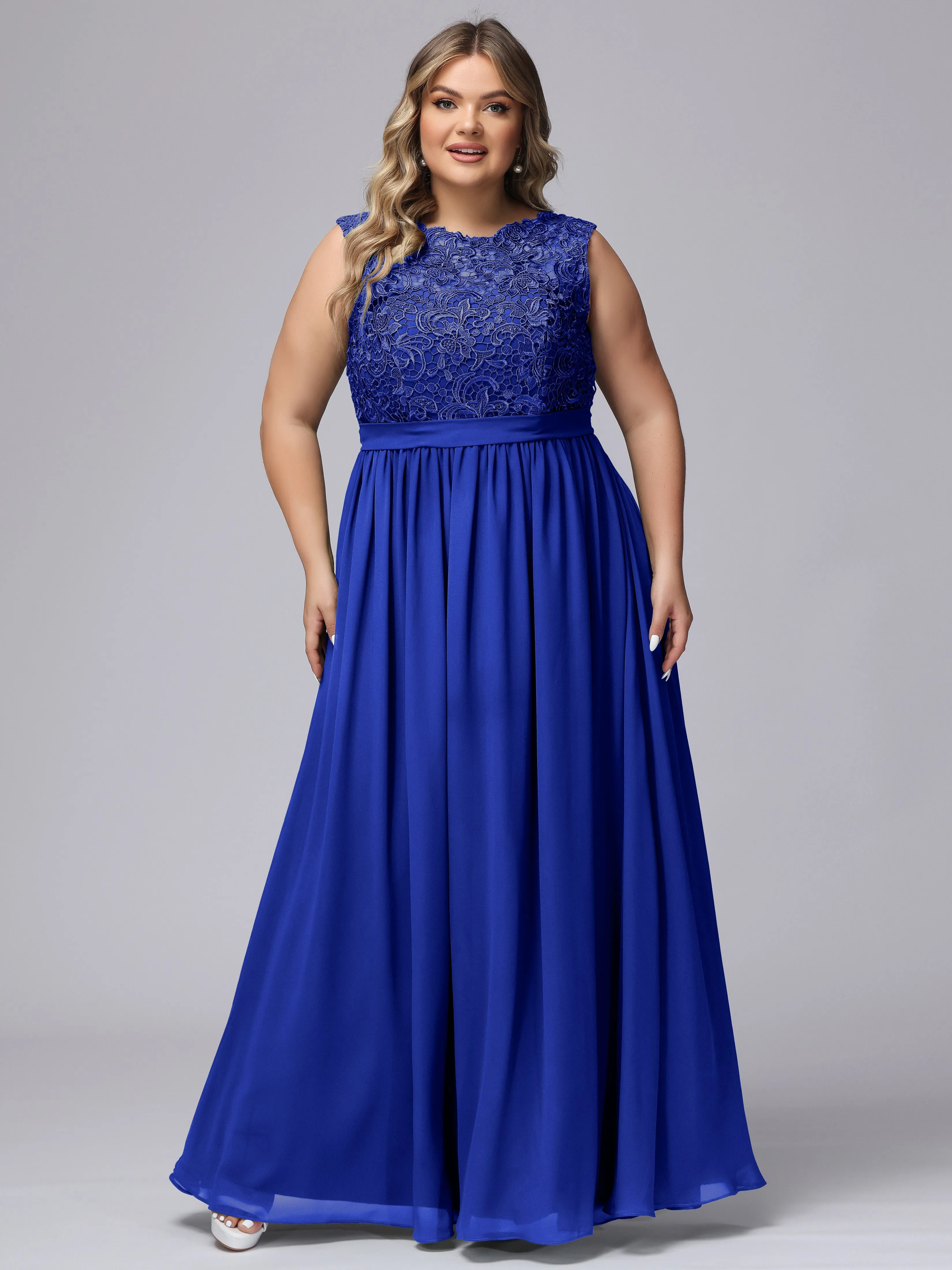 A-Line Sleeveless Lace Top Chiffon Plus Size Bridesmaid Dresses