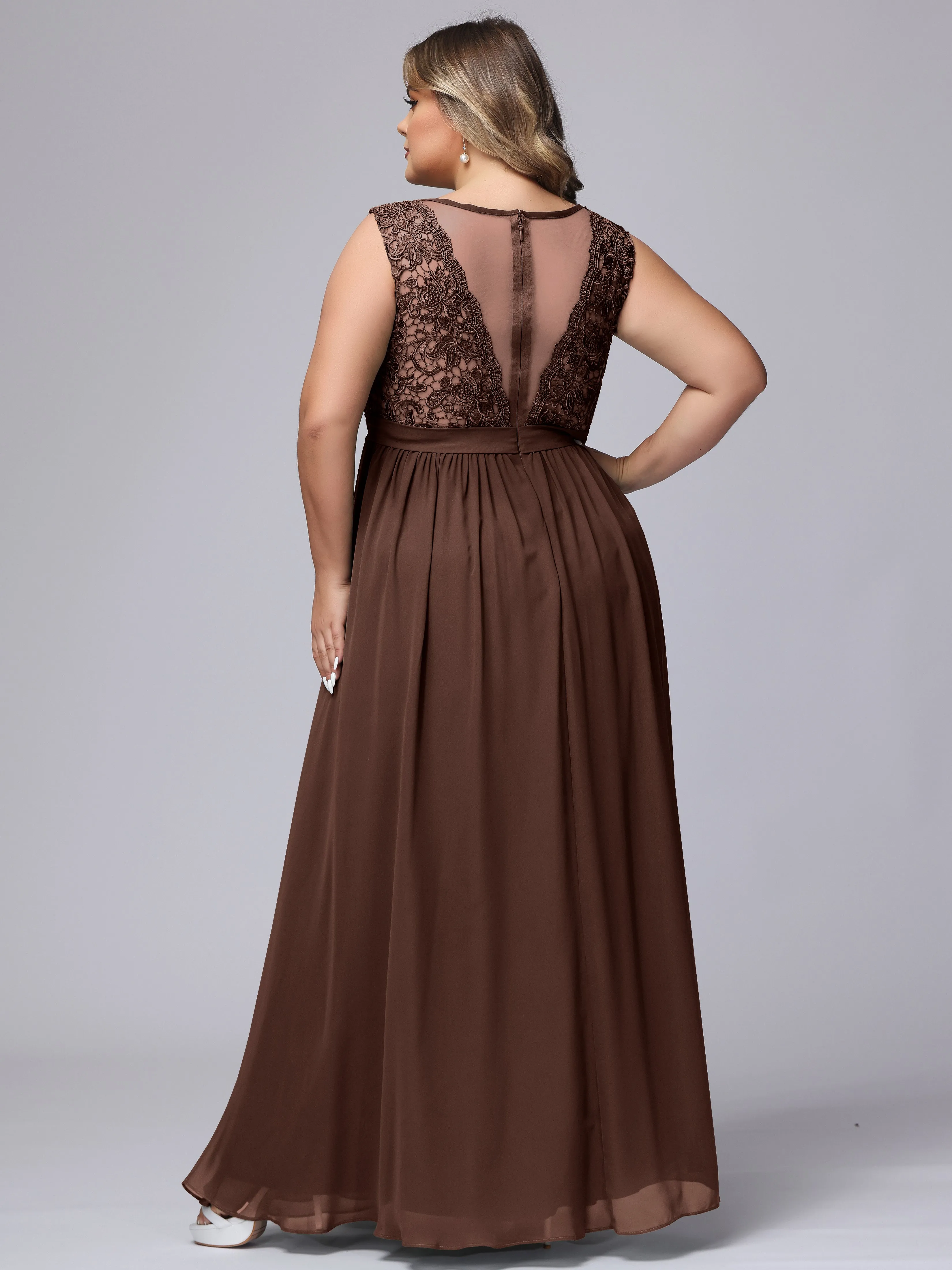 A-Line Sleeveless Lace Top Chiffon Plus Size Bridesmaid Dresses