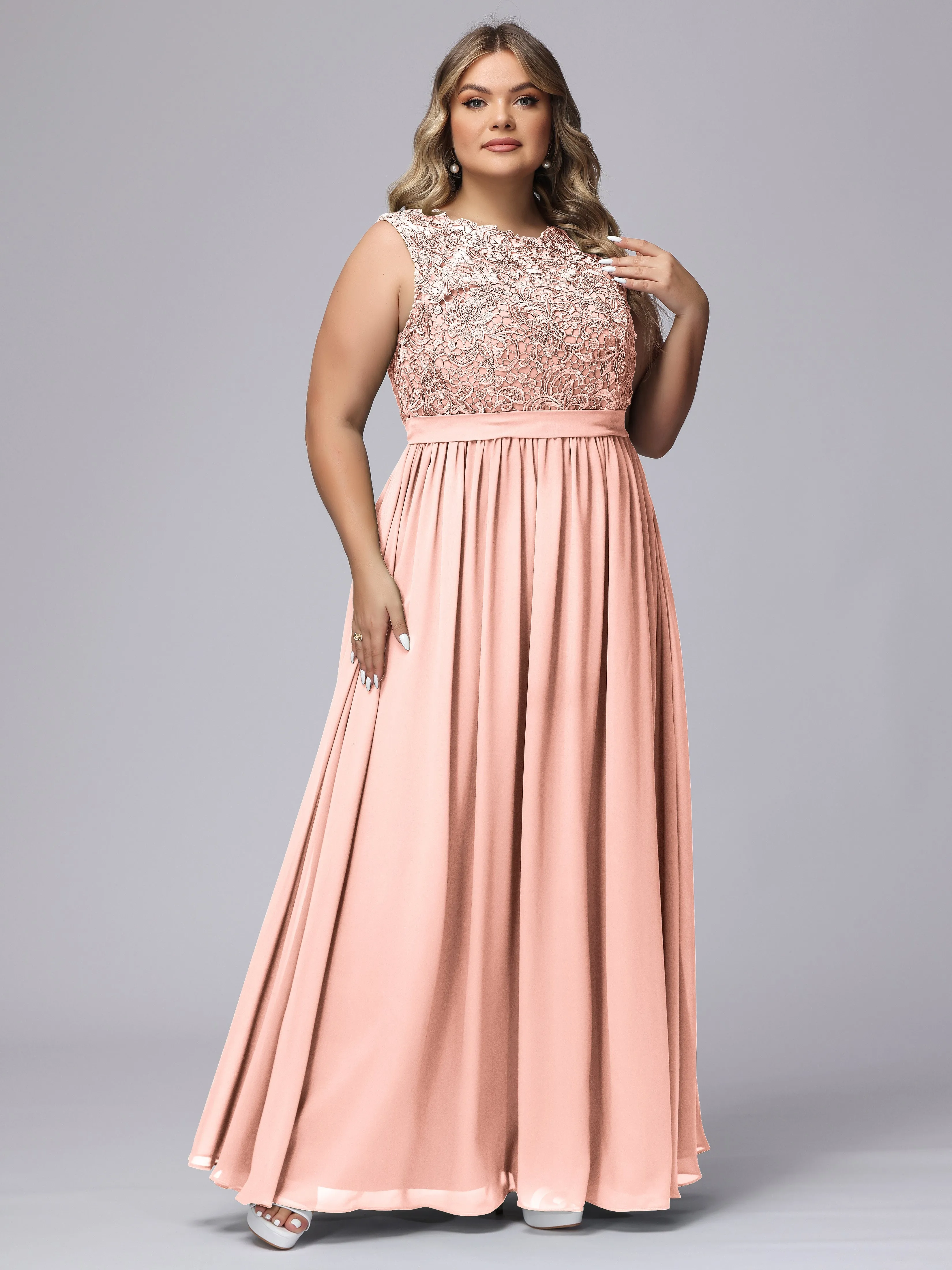 A-Line Sleeveless Lace Top Chiffon Plus Size Bridesmaid Dresses