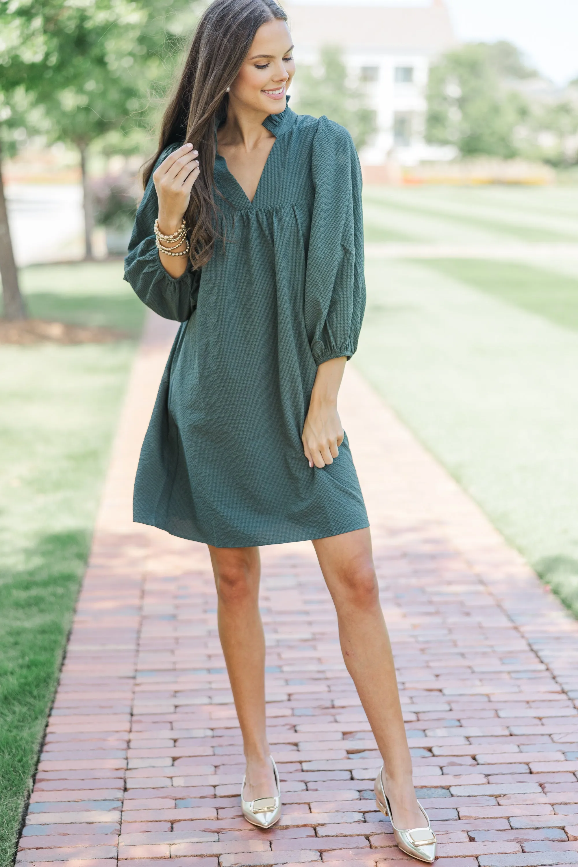 Above And Beyond Olive Green Textured Shift Dress