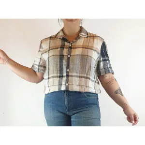 Aere pre-owned plaid linen short sleeve shirt size XL (fits size 14-16)