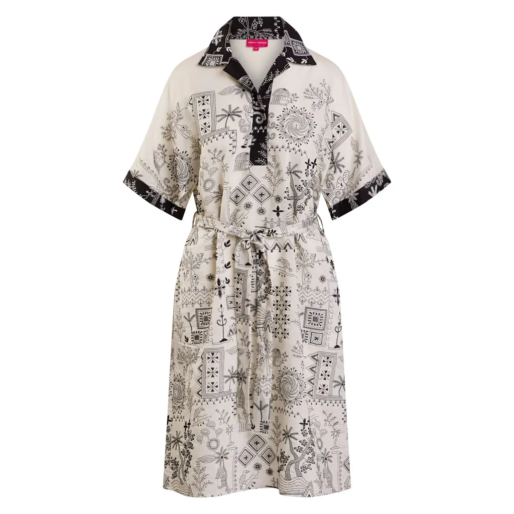 Africa Embroidered Silk / Cotton Cream Shirt Dress