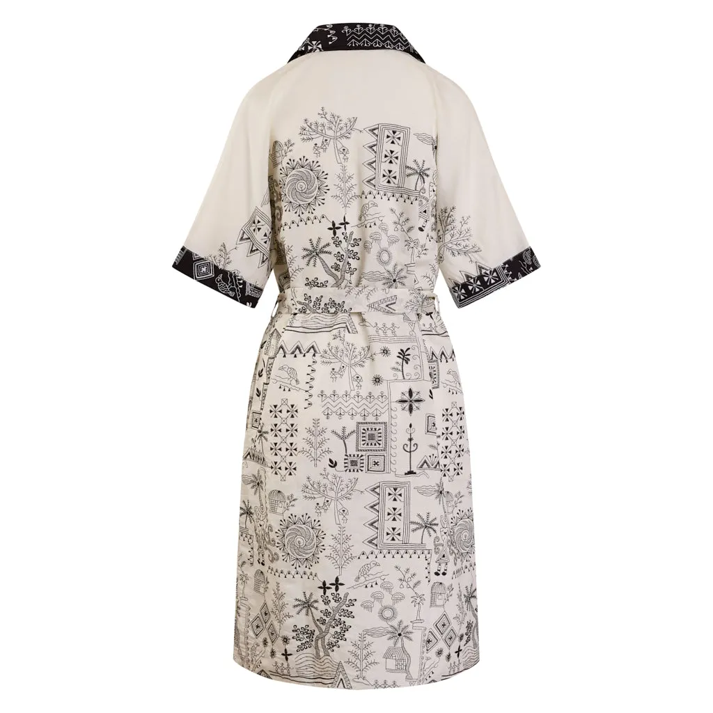 Africa Embroidered Silk / Cotton Cream Shirt Dress
