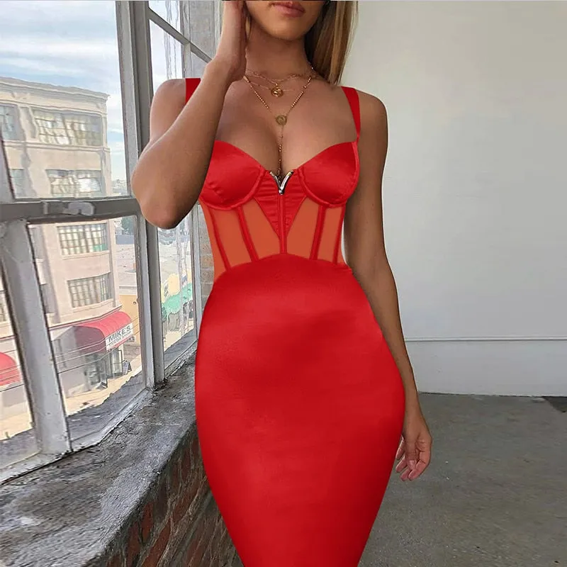 Bandage Dress Summer Women&#39;s 2021 Black Bodycon Dress Rayon Mesh Insert  Ladies White Red Sexy Party Dress Evening Club Outfits