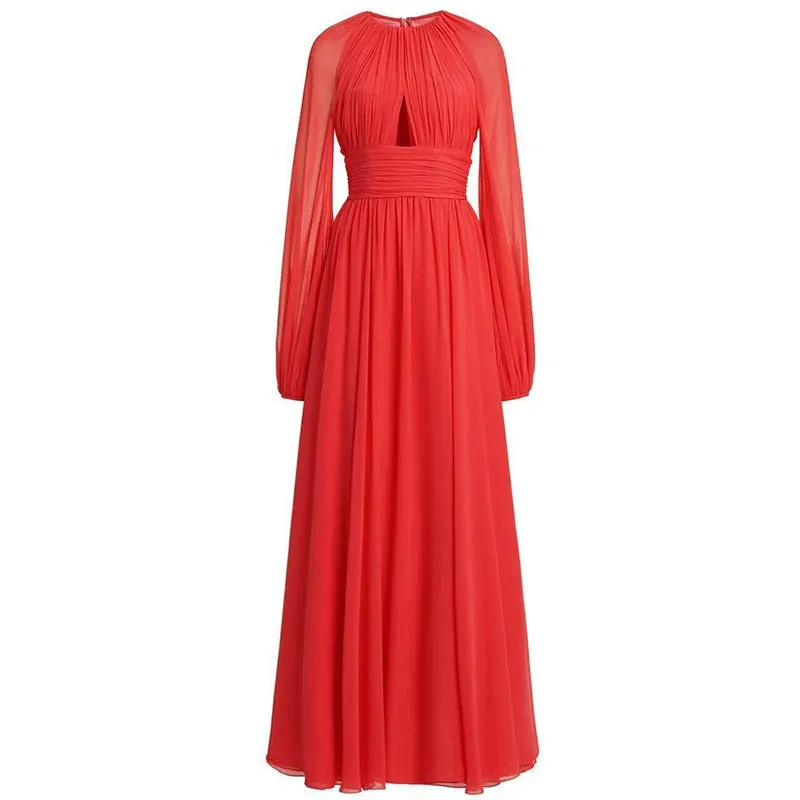 Barbara Sleeve Hollow Out Ruched High Waist Slim Long Dress