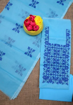Beautiful Kota Doria Suit In Blue Colour With Embroidery Work