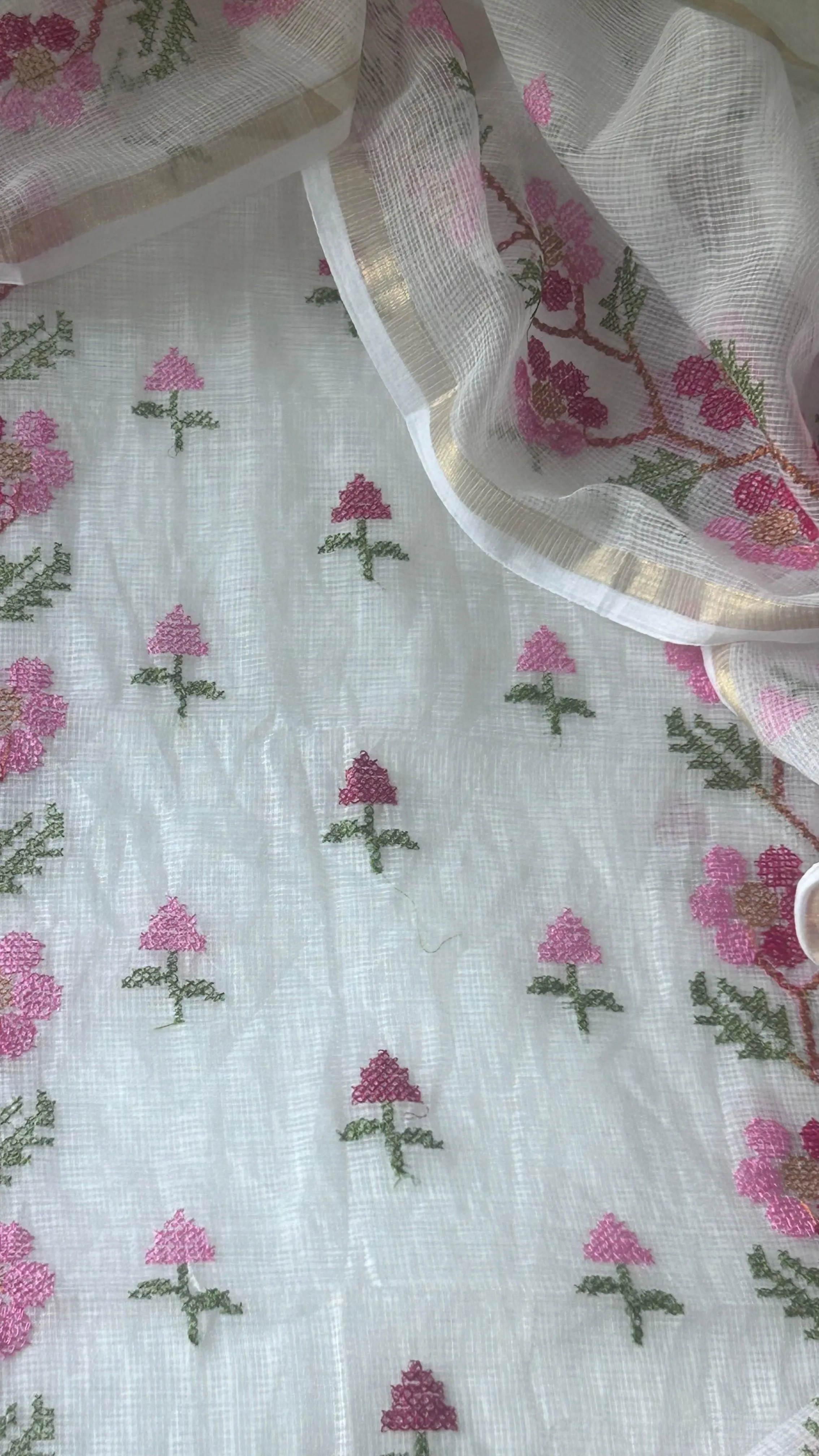 Beautiful Kota Doria Suit In White Colour With Pink Embroidery Work