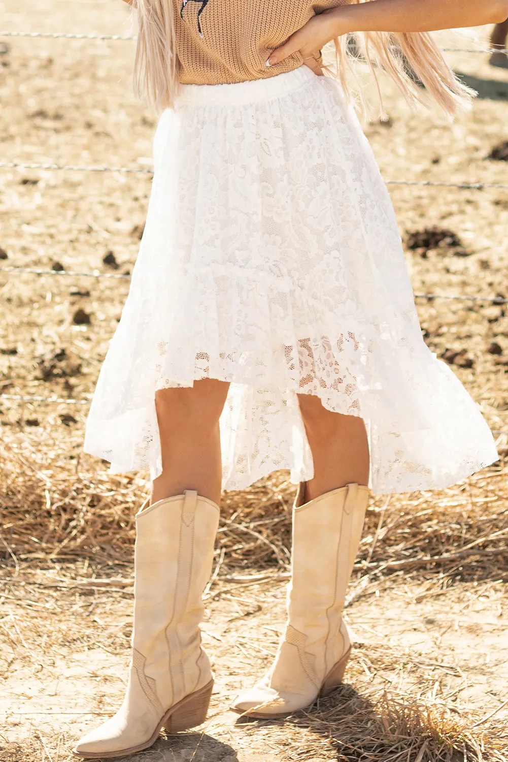Beige Lace Cascading Tiered High Waist Maxi Skirt