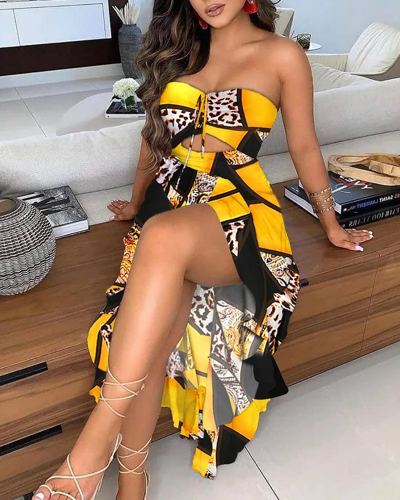 BerryBetty - All Over Print Off Shoulder Cut-Out Ruffle Hem Slit Midi Dress