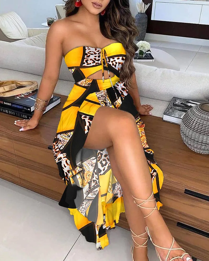 BerryBetty - All Over Print Off Shoulder Cut-Out Ruffle Hem Slit Midi Dress