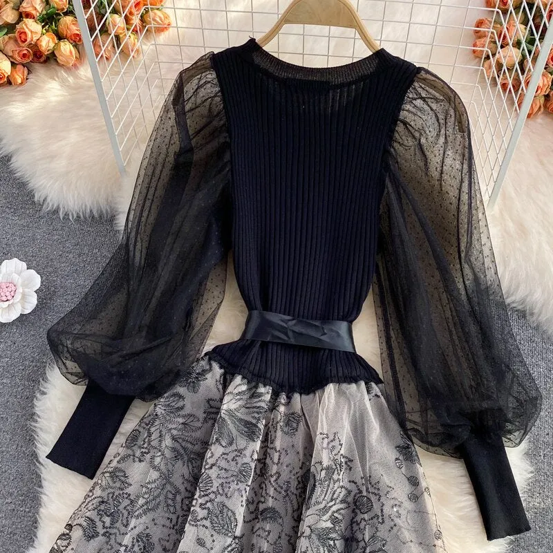 BerryBetty - Elegant Mesh Knitted Stitching Dress Women Vintage Puff Sleeve Round Neck A Line Party Dresses Ladies Bandage Printing Dress