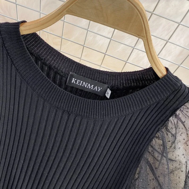 BerryBetty - Elegant Mesh Knitted Stitching Dress Women Vintage Puff Sleeve Round Neck A Line Party Dresses Ladies Bandage Printing Dress