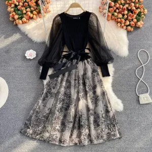 BerryBetty - Elegant Mesh Knitted Stitching Dress Women Vintage Puff Sleeve Round Neck A Line Party Dresses Ladies Bandage Printing Dress