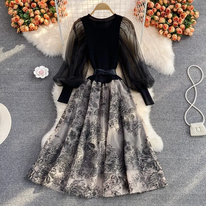 BerryBetty - Elegant Mesh Knitted Stitching Dress Women Vintage Puff Sleeve Round Neck A Line Party Dresses Ladies Bandage Printing Dress