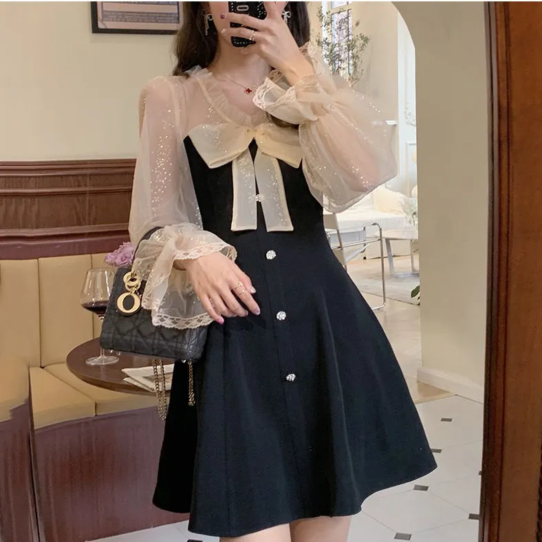 BerryBetty - Elegant Mini Party Dress Women Casual Bow Lace Long Sleeve Black Vintage Dress Bow Sexy One Piece Dress Korean Spring Chic
