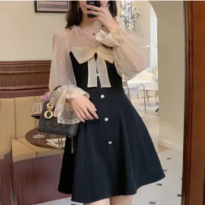 BerryBetty - Elegant Mini Party Dress Women Casual Bow Lace Long Sleeve Black Vintage Dress Bow Sexy One Piece Dress Korean Spring Chic