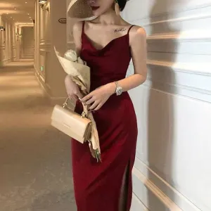 BerryBetty - New French Vintage Women Elegant Party Dresses  Summer Red Silk Mid Length Spaghetti Straps Long Satin Dress