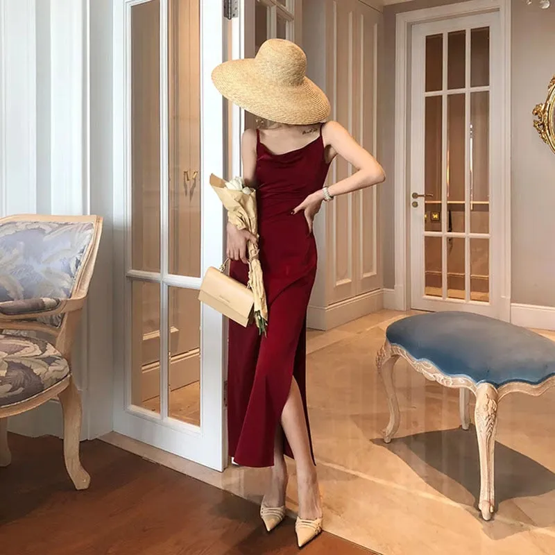 BerryBetty - New French Vintage Women Elegant Party Dresses  Summer Red Silk Mid Length Spaghetti Straps Long Satin Dress