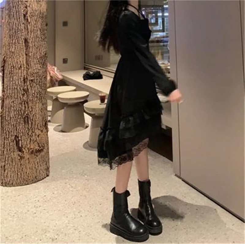BerryBetty - New Gothic Women Black Fairy Party Dress Cross Square Collar Lolita Princess Irregular Dress Cute Kawaii Lace Ruffles Chic Dress
