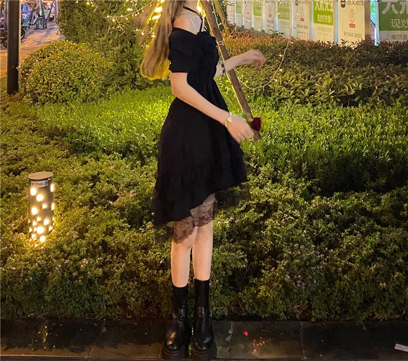 BerryBetty - New Gothic Women Black Fairy Party Dress Cross Square Collar Lolita Princess Irregular Dress Cute Kawaii Lace Ruffles Chic Dress