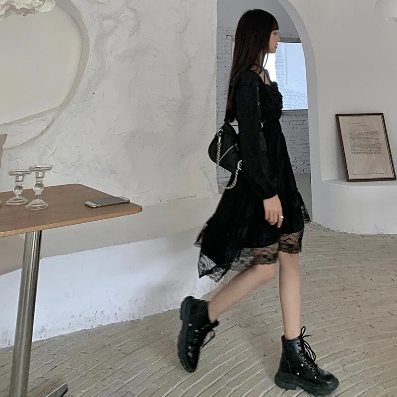 BerryBetty - New Gothic Women Black Fairy Party Dress Cross Square Collar Lolita Princess Irregular Dress Cute Kawaii Lace Ruffles Chic Dress