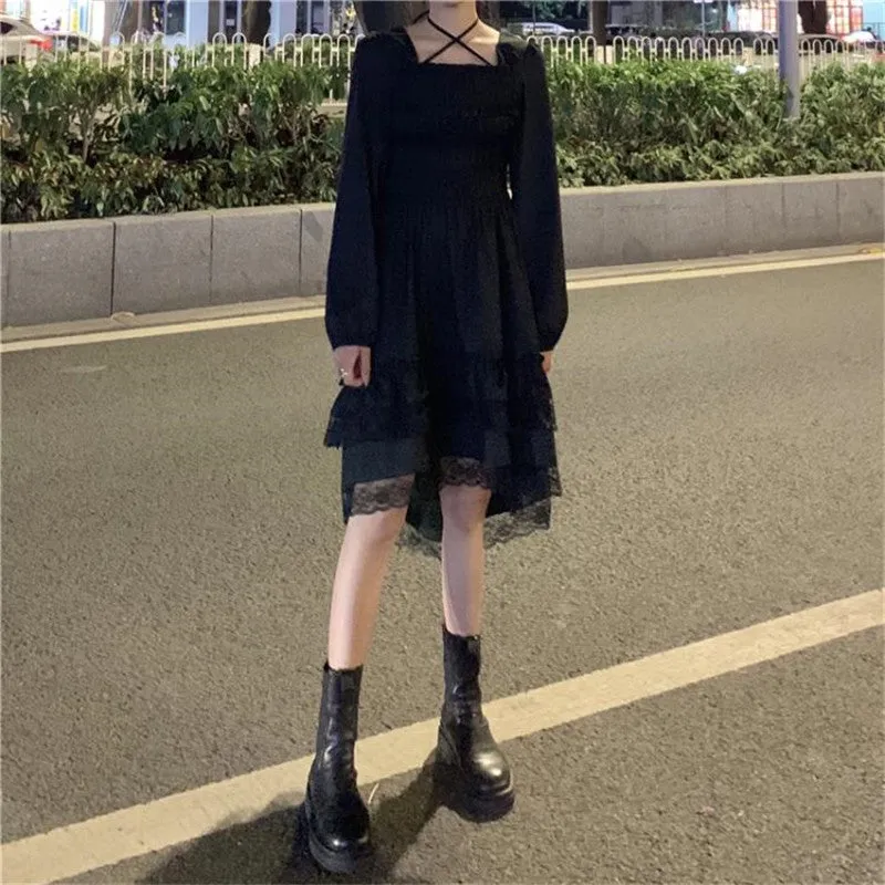 BerryBetty - New Gothic Women Black Fairy Party Dress Cross Square Collar Lolita Princess Irregular Dress Cute Kawaii Lace Ruffles Chic Dress