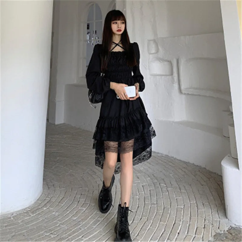 BerryBetty - New Gothic Women Black Fairy Party Dress Cross Square Collar Lolita Princess Irregular Dress Cute Kawaii Lace Ruffles Chic Dress