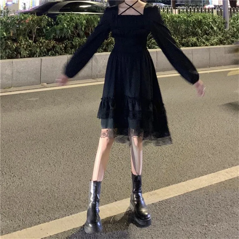 BerryBetty - New Gothic Women Black Fairy Party Dress Cross Square Collar Lolita Princess Irregular Dress Cute Kawaii Lace Ruffles Chic Dress