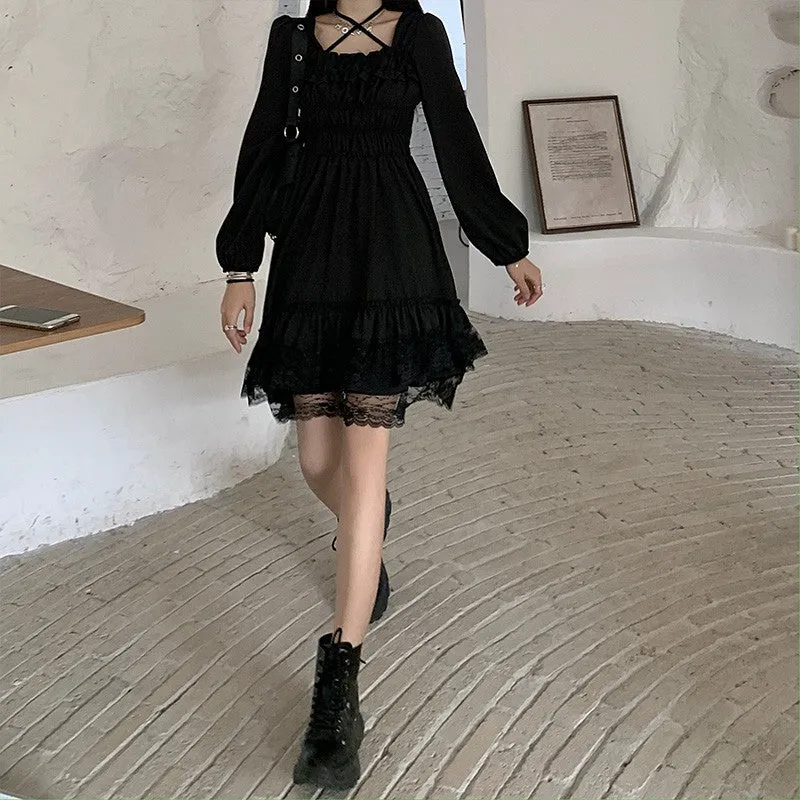 BerryBetty - New Gothic Women Black Fairy Party Dress Cross Square Collar Lolita Princess Irregular Dress Cute Kawaii Lace Ruffles Chic Dress