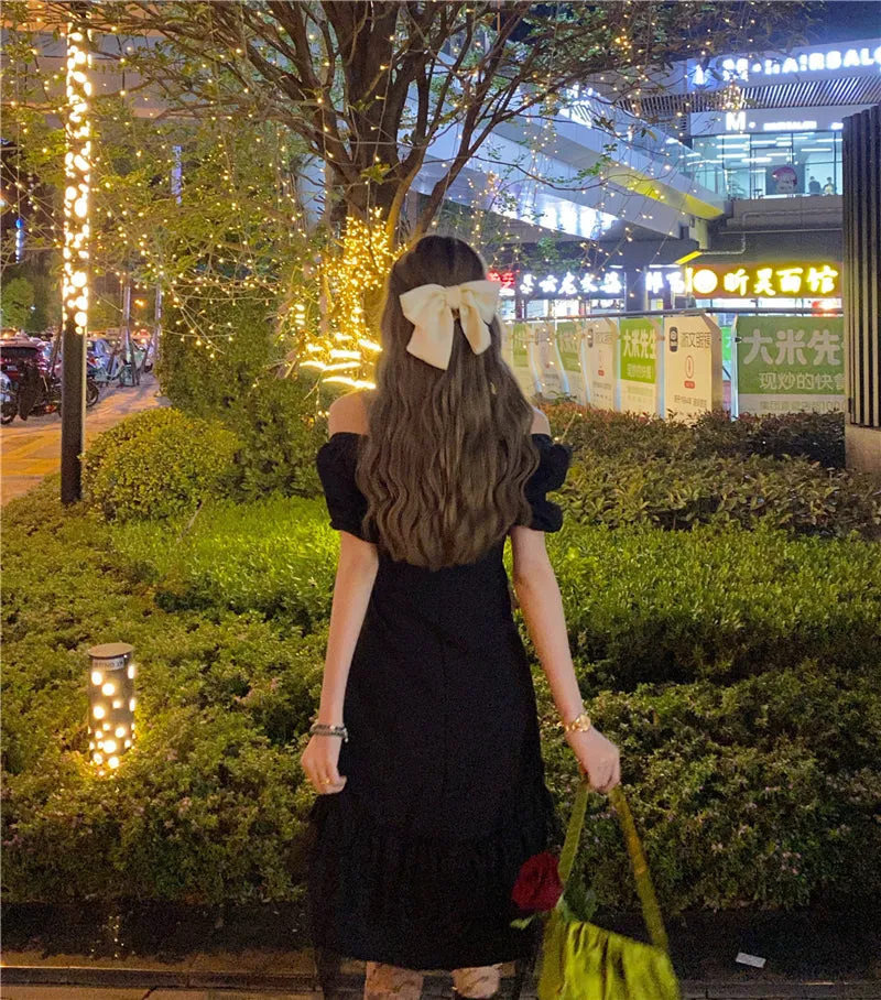 BerryBetty - New Gothic Women Black Fairy Party Dress Cross Square Collar Lolita Princess Irregular Dress Cute Kawaii Lace Ruffles Chic Dress