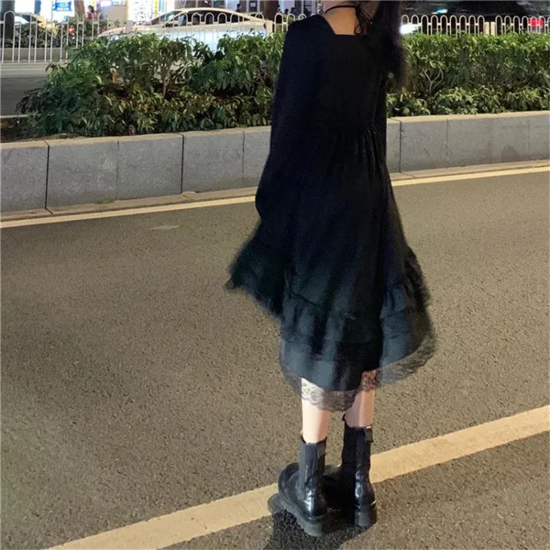 BerryBetty - New Gothic Women Black Fairy Party Dress Cross Square Collar Lolita Princess Irregular Dress Cute Kawaii Lace Ruffles Chic Dress