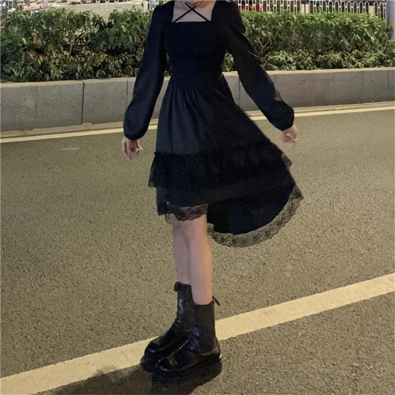 BerryBetty - New Gothic Women Black Fairy Party Dress Cross Square Collar Lolita Princess Irregular Dress Cute Kawaii Lace Ruffles Chic Dress