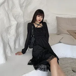 BerryBetty - New Gothic Women Black Fairy Party Dress Cross Square Collar Lolita Princess Irregular Dress Cute Kawaii Lace Ruffles Chic Dress