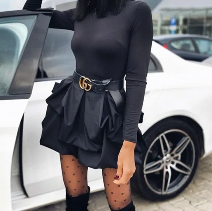 BerryBetty - Solid Long Sleeve Mini Bud Dress  Party Dress  Black Dress Women Dress