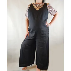 Black pre-owned linen feel sleeveless jumpsuit with pockets size XL (best fits size 16)