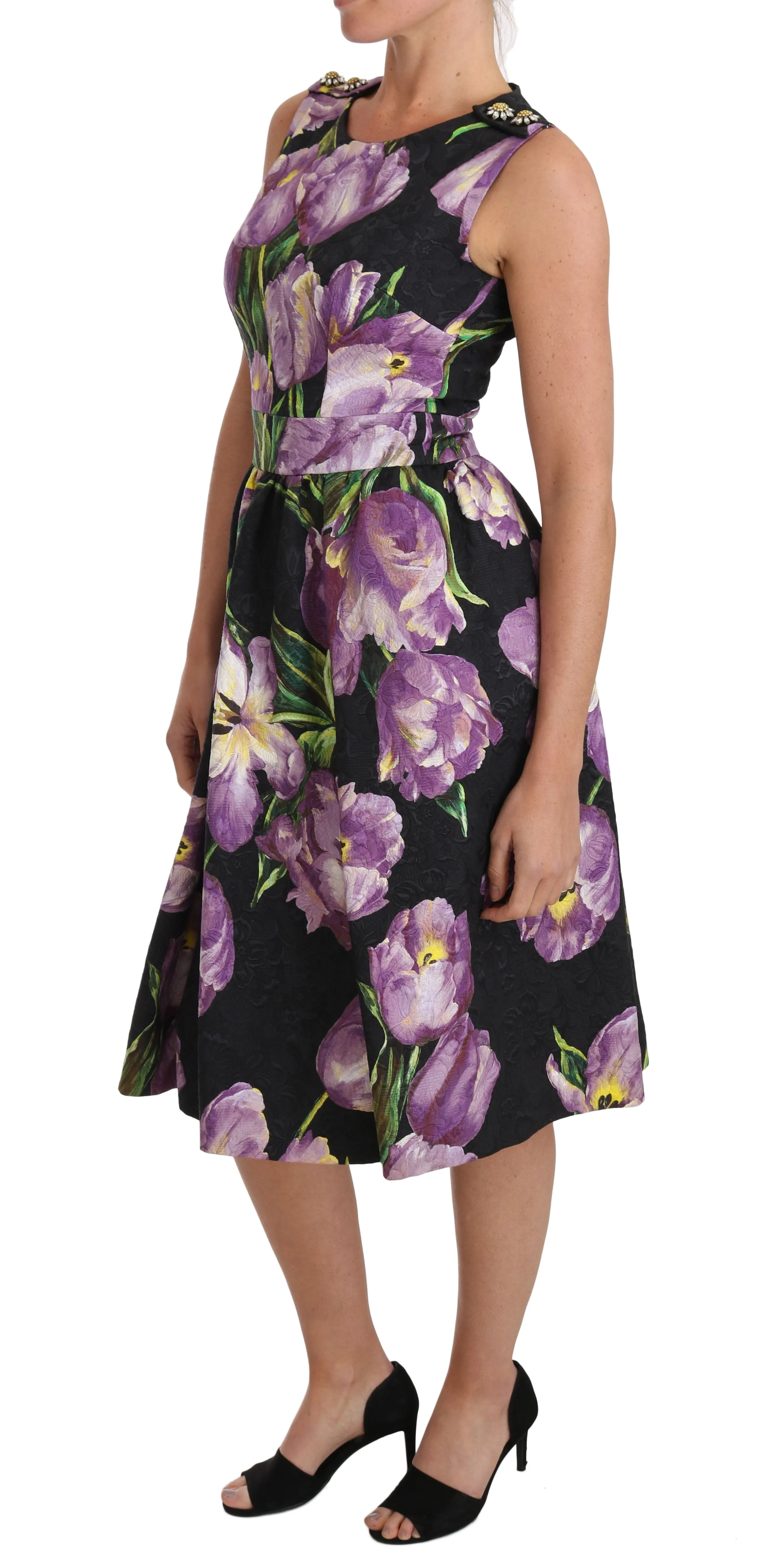 Black Purple Tulip Brocade Crystal Dress