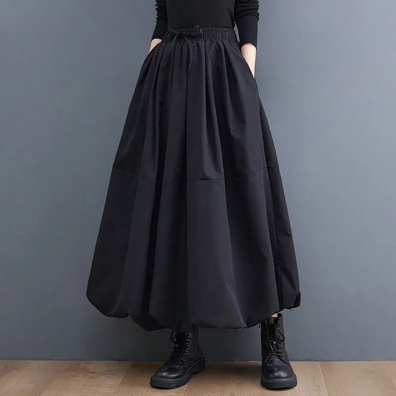 Black Vintage High Waist Pleated Skirt Women Plus Size